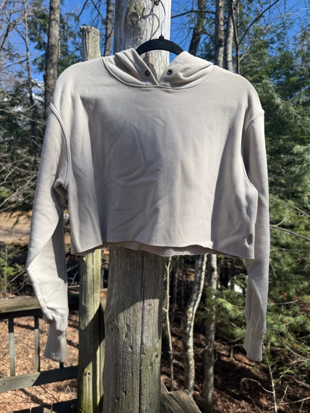 FP Movement by Free People Cropped Hooded Sweatshirt in Light Beige